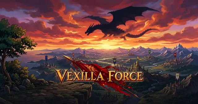 Preview of Released "VEXILLA FORCE," a browser-playable strategy simulation. Choose one of 40 factions and aim to unify the continent. Generals have full-body art and voices.