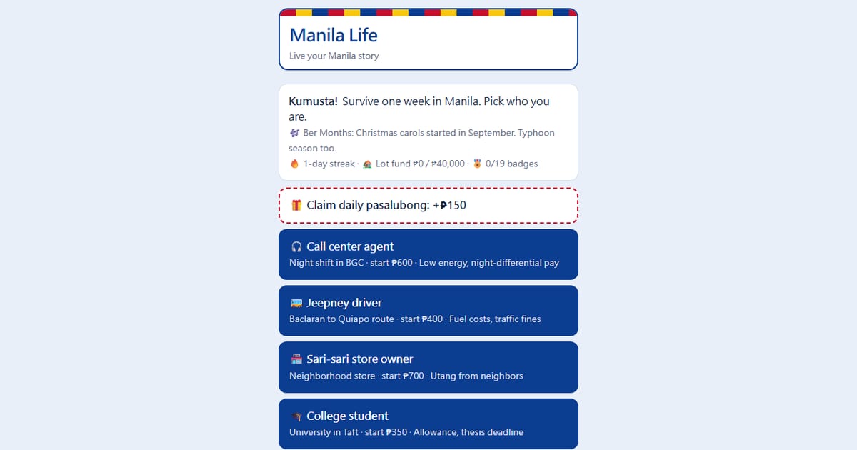 Preview of I made a free Manila Life game where you survive EDSA traffic, brownouts and utang