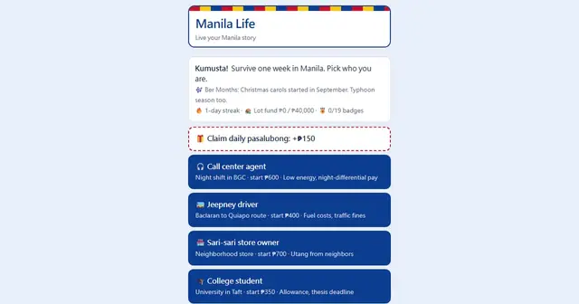 Preview of I made a free Manila Life game where you survive EDSA traffic, brownouts and utang