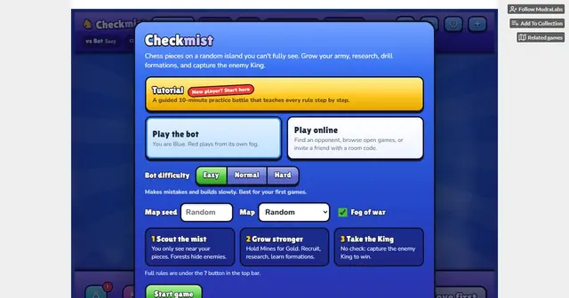 Preview of I made Checkmist: chess with fog of war, random islands and a tech tree. Free in your browser, looking for feedback